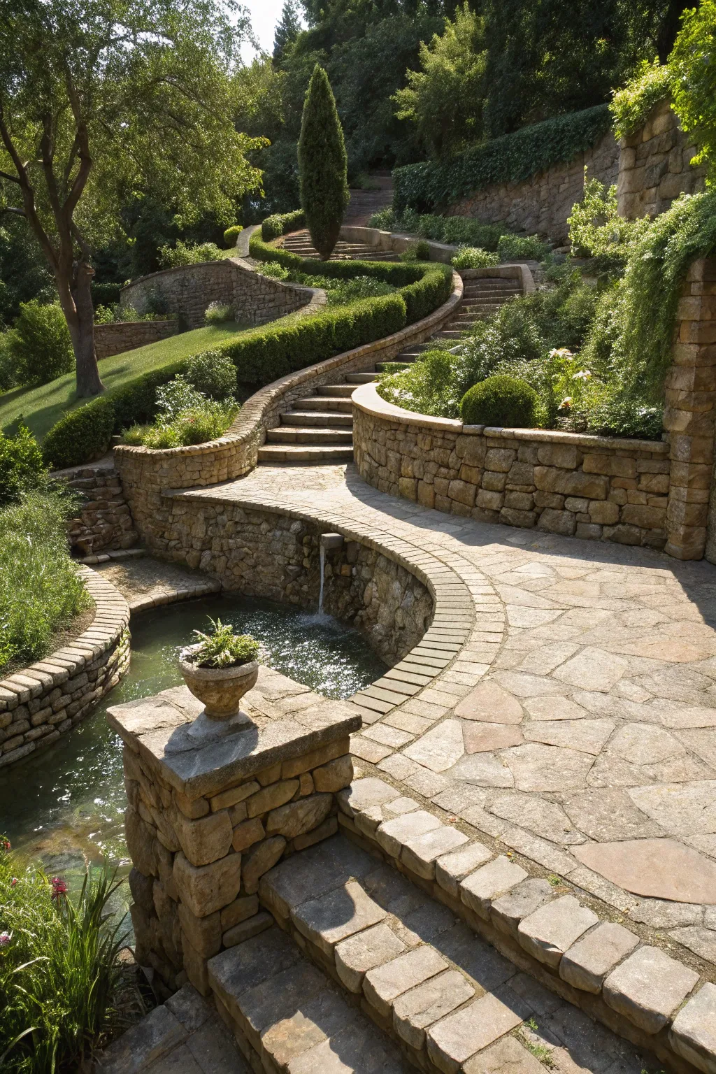 Masterful stone terraces: blending craftsmanship with nature's water flow.
