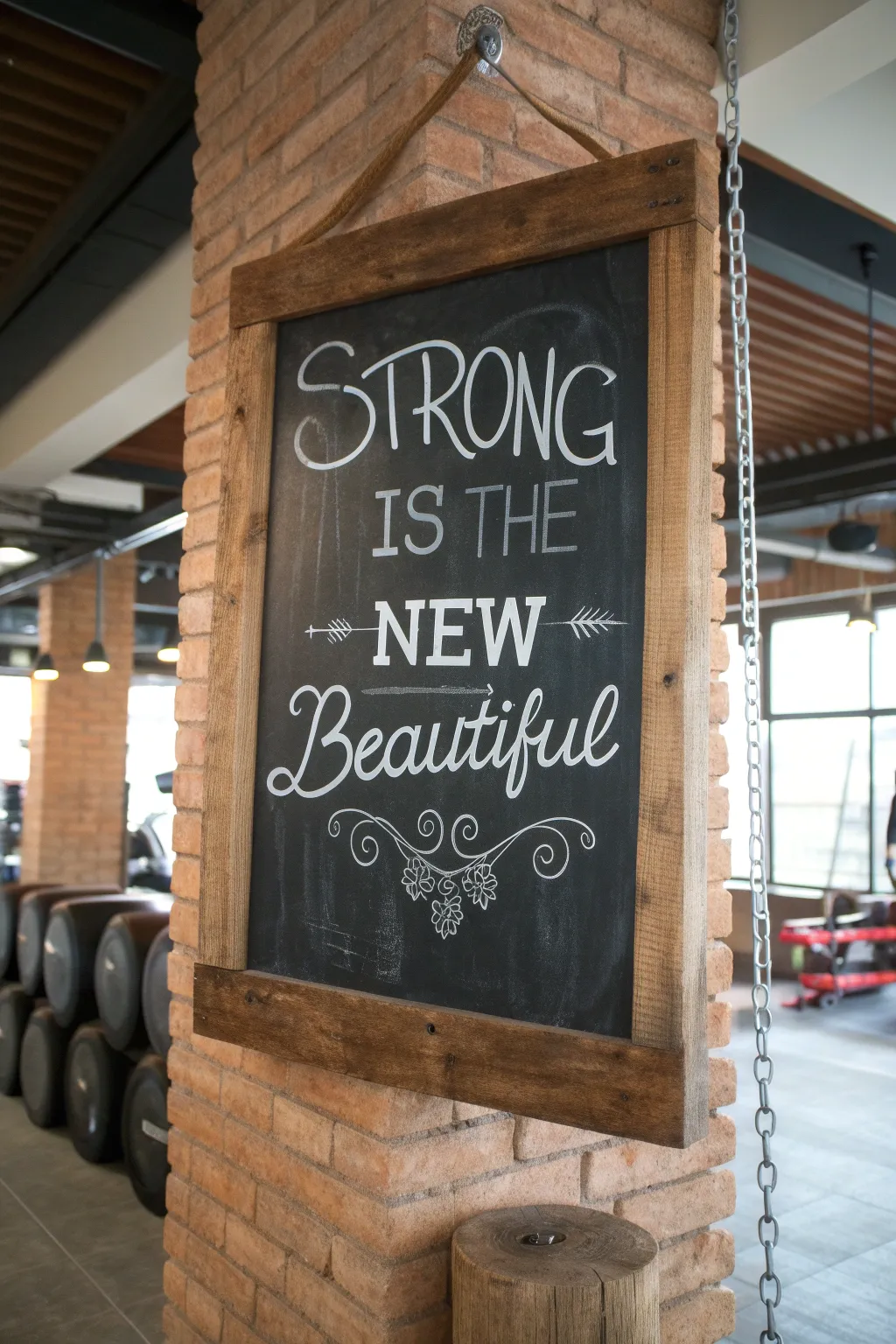 Embrace strength with this handcrafted gym mantra: 'Strong is the new beautiful.'