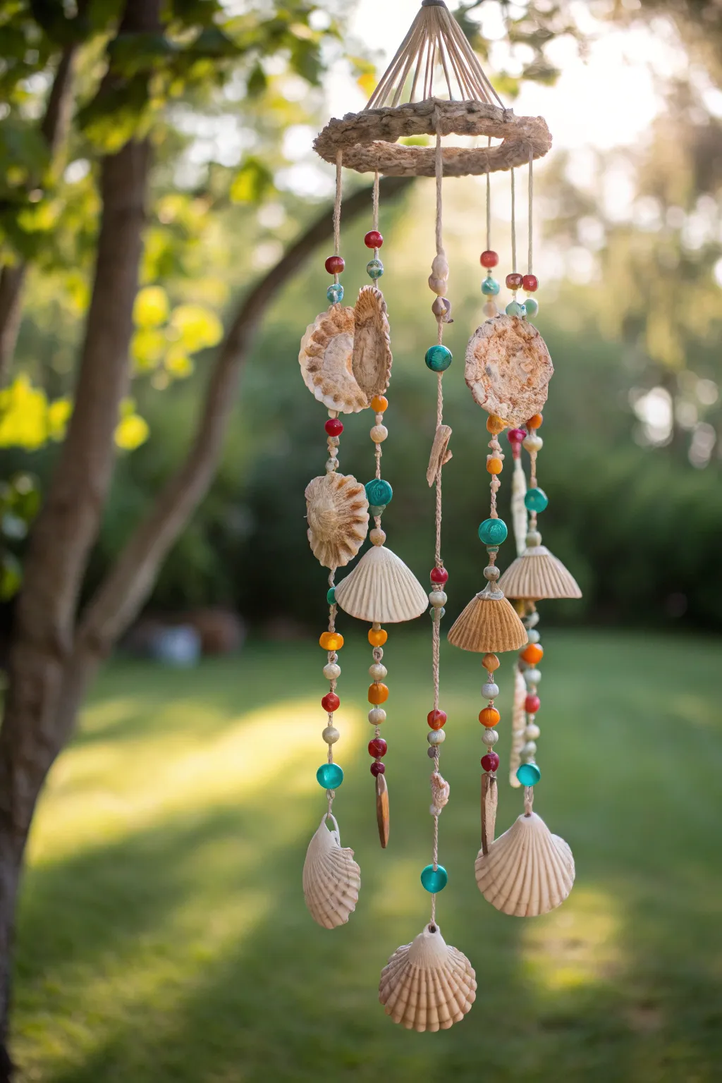 Create a serene symphony with these boho-chic shell and bead wind chimes, perfect for adding a touch of natural beauty to your outdoor space.