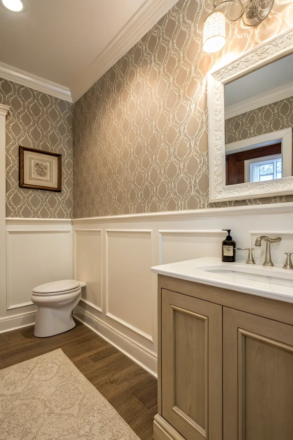 Elevate your space with textured wallpaper above half wall trim for a touch of sophistication and depth.