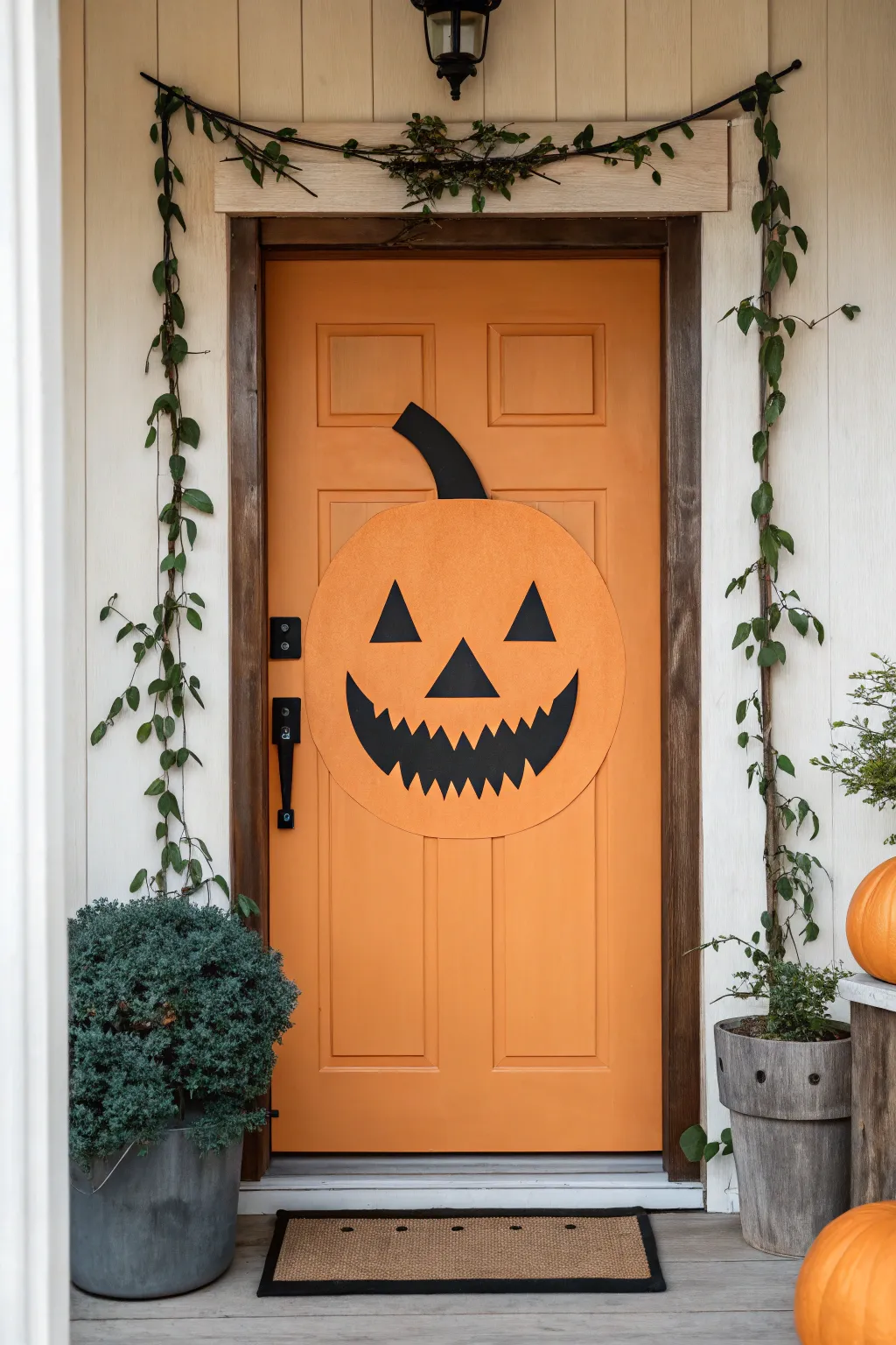 Embrace the charm of Halloween with a minimalist jack-o'-lantern door decor that blends Scandinavian simplicity with Boho flair.