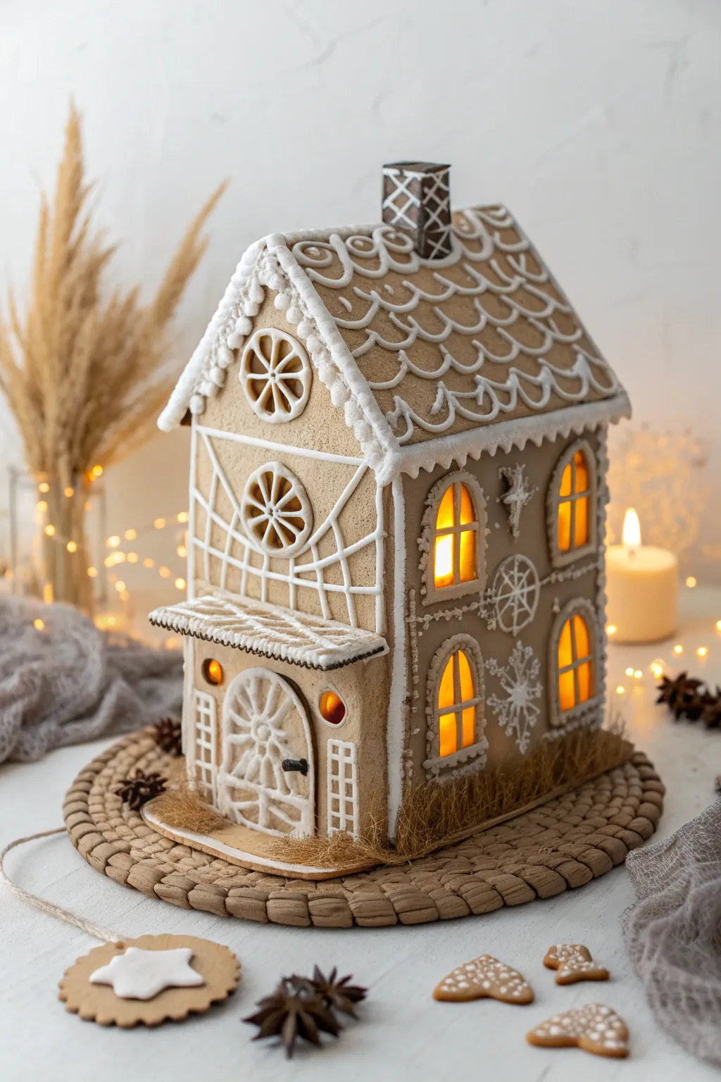 Illuminate your Halloween with a gingerbread house that glows from within, blending minimalist elegance with a touch of boho charm.