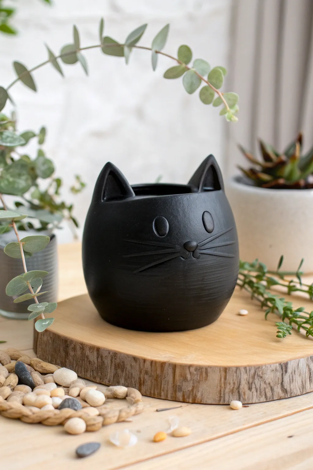 Add a touch of feline elegance to your space with a minimalist black cat planter. Perfect for Halloween and beyond!