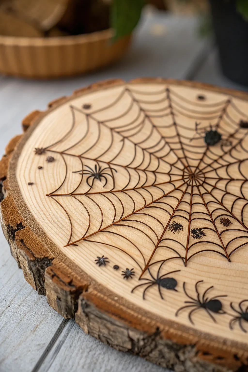 Get caught in the artistry of Halloween with this stunning spider web wood burning masterpiece.