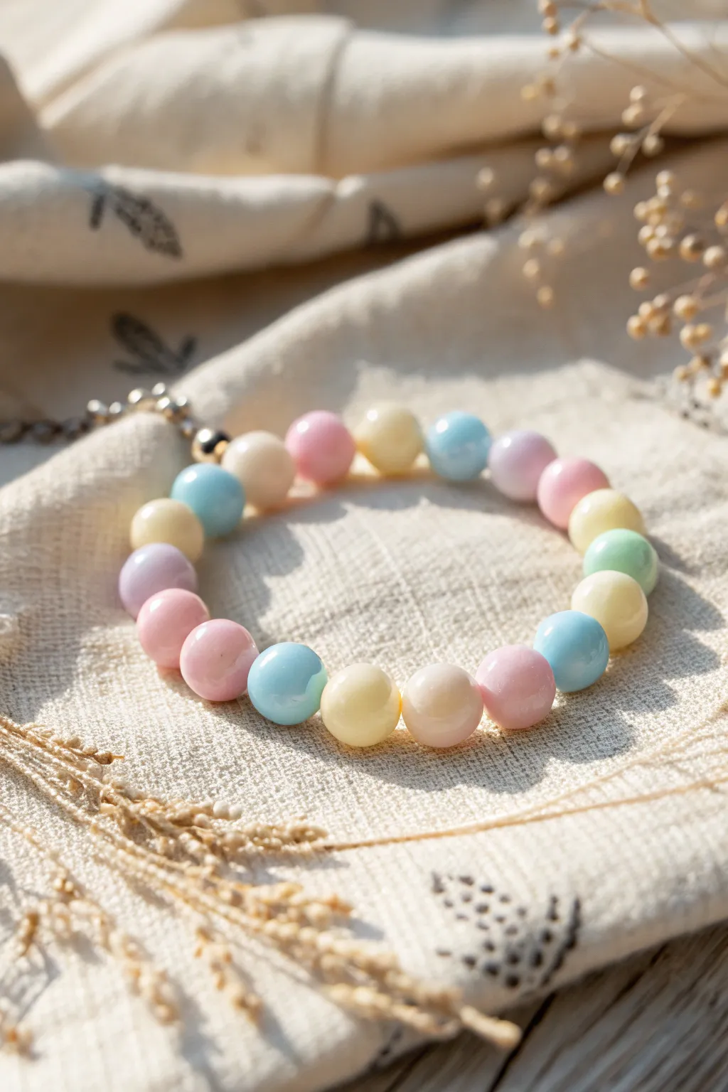 Embrace the serenity of spring with this charming pastel bead bracelet, a perfect blend of minimalist elegance and bohemian warmth.