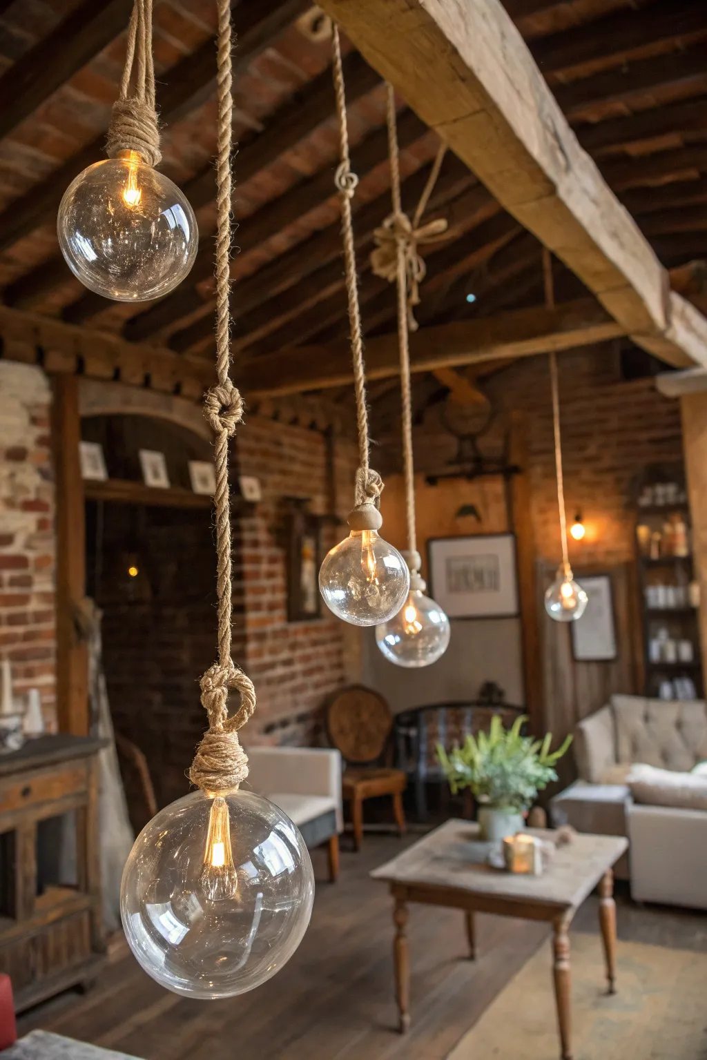 Rustic charm with twine-hung globes.
