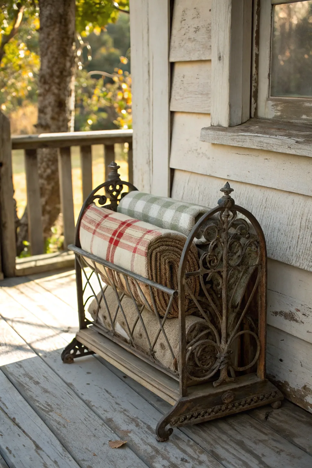 Repurpose with style: Transform a hay feeder into a rustic blanket holder for your porch.