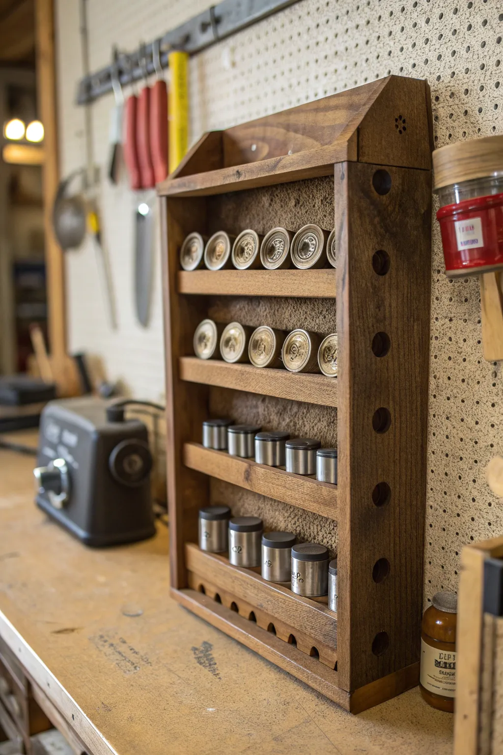 Craftsmanship meets creativity: Transform your workspace with this unique hole saw storage solution.