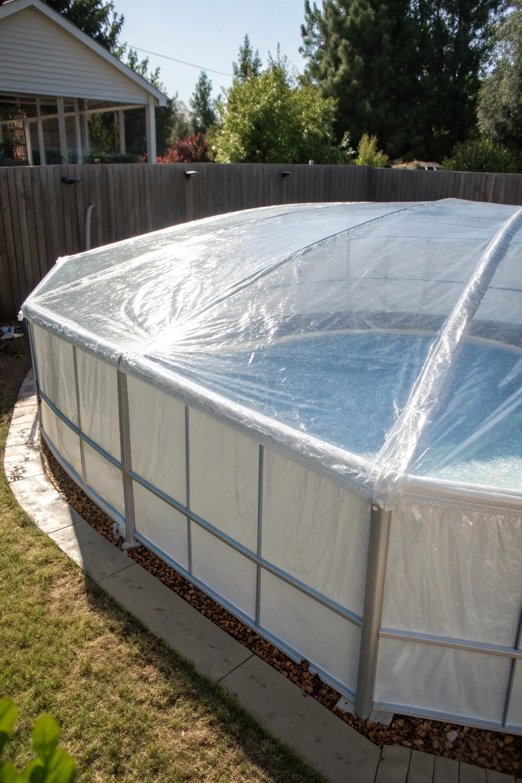 Simplicity and Elegance: Transform your pool with a minimalist clear plastic wrap cover.