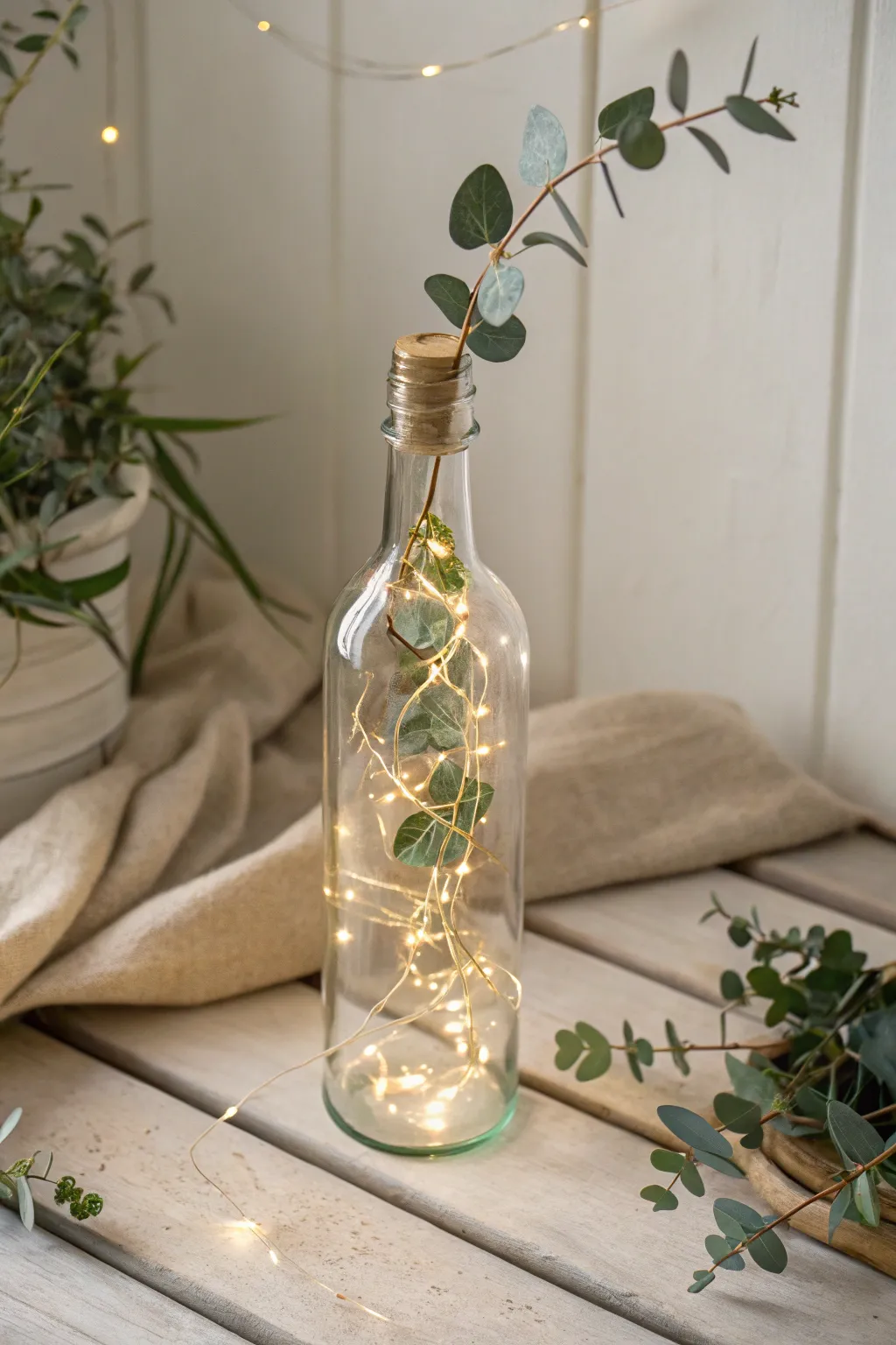 Illuminate your space with the serene glow of botanical bottle lights—nature’s charm without the upkeep!
