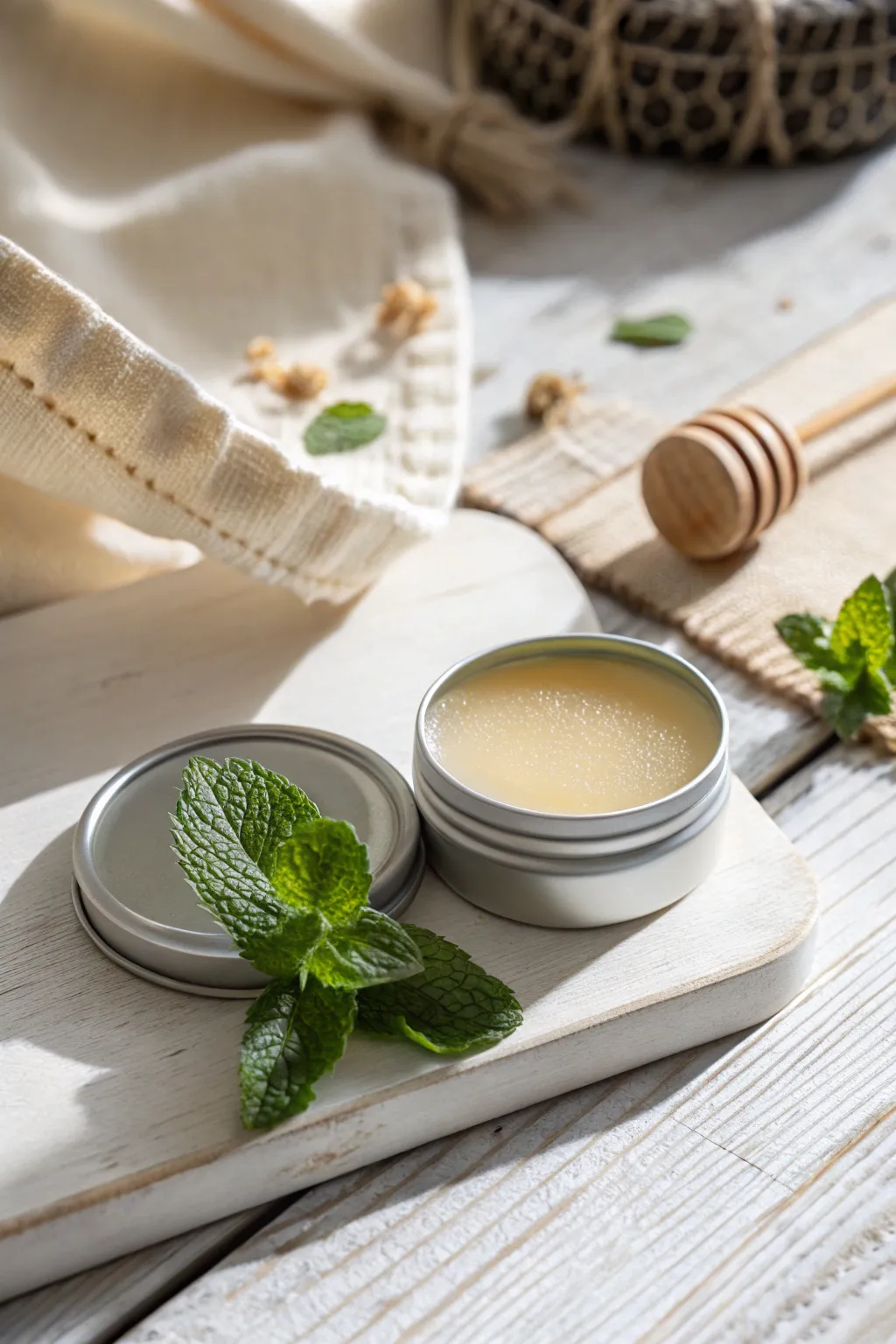 Craft the perfect homemade gift with this nourishing DIY lip balm, blending the freshness of mint and the sweetness of honey.
