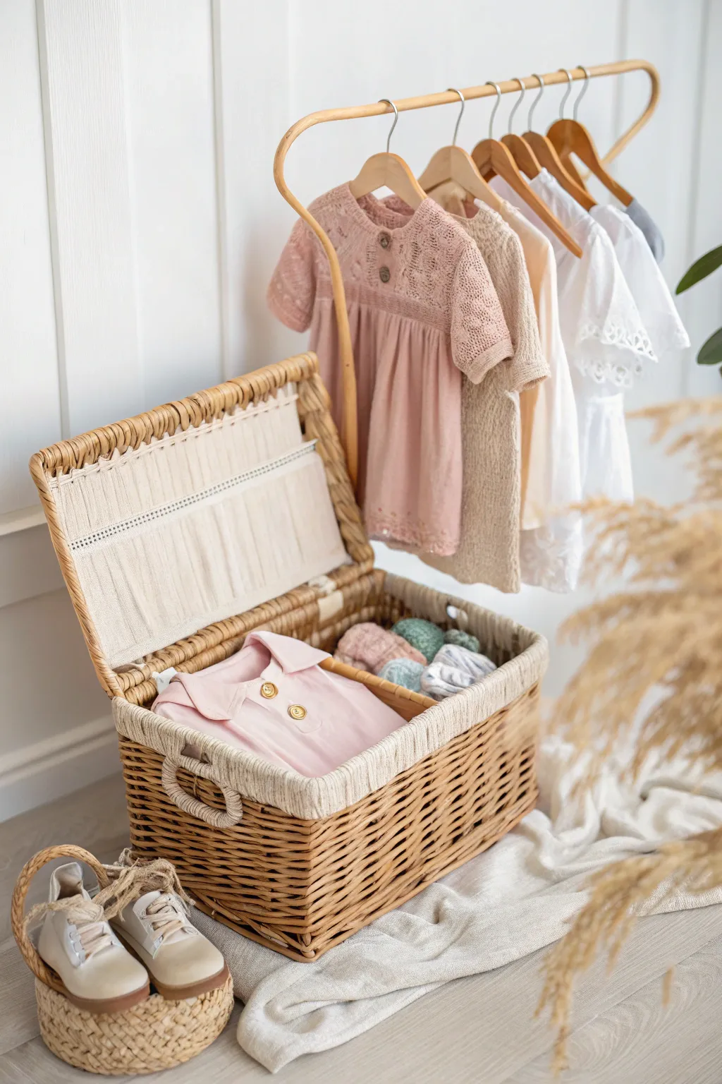 Transform a baby shower gift into a charming mini closet display that blends Scandinavian simplicity with Boho warmth.