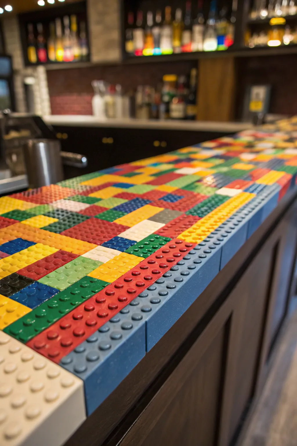 Unleash your creativity with this interactive Lego bar top – where craftsmanship meets endless fun.