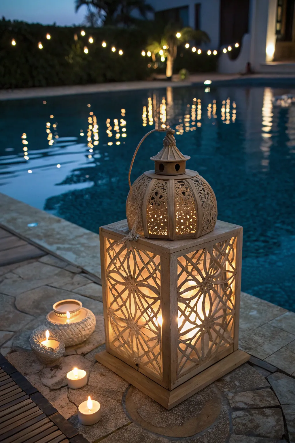 Illuminate your pool with artisanal elegance for unforgettable nighttime swims.