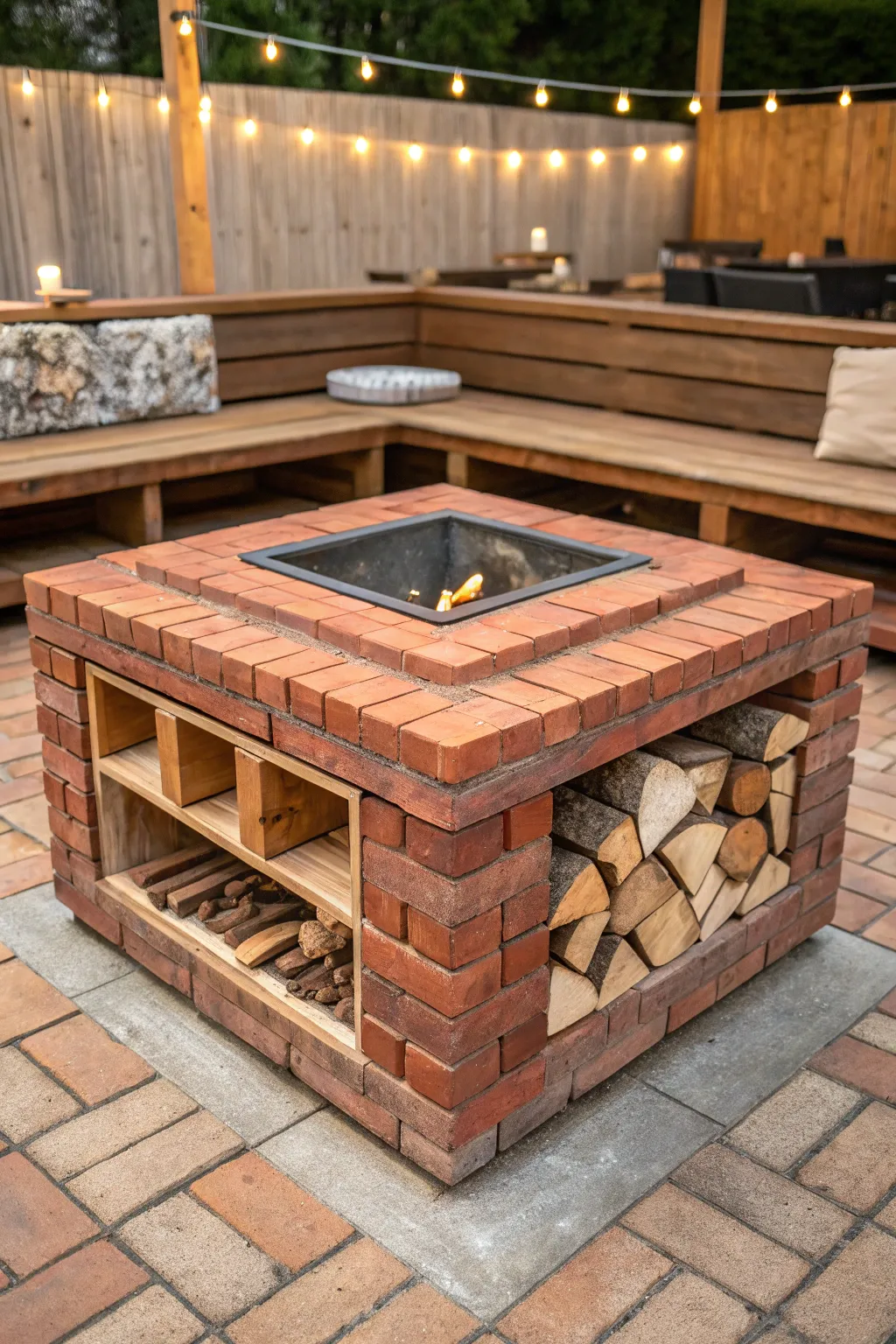 Discover the art of hidden storage with this beautifully crafted brick fire pit setup.