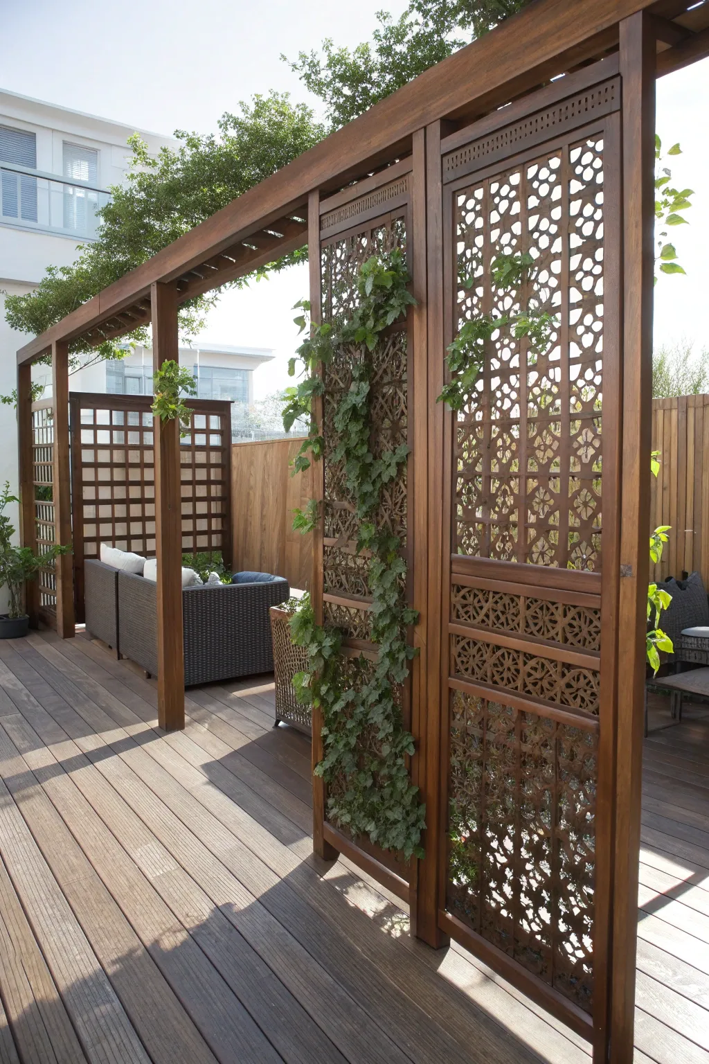 Elevate your deck with a handcrafted privacy screen for the perfect secluded retreat.