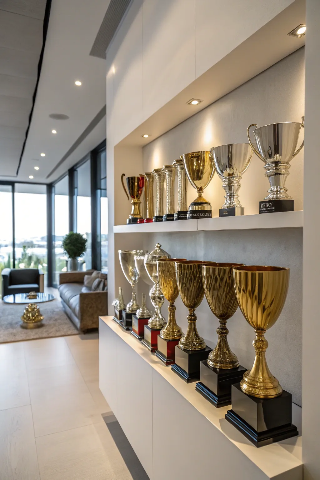 Color-coordinated trophies for a harmonious display.