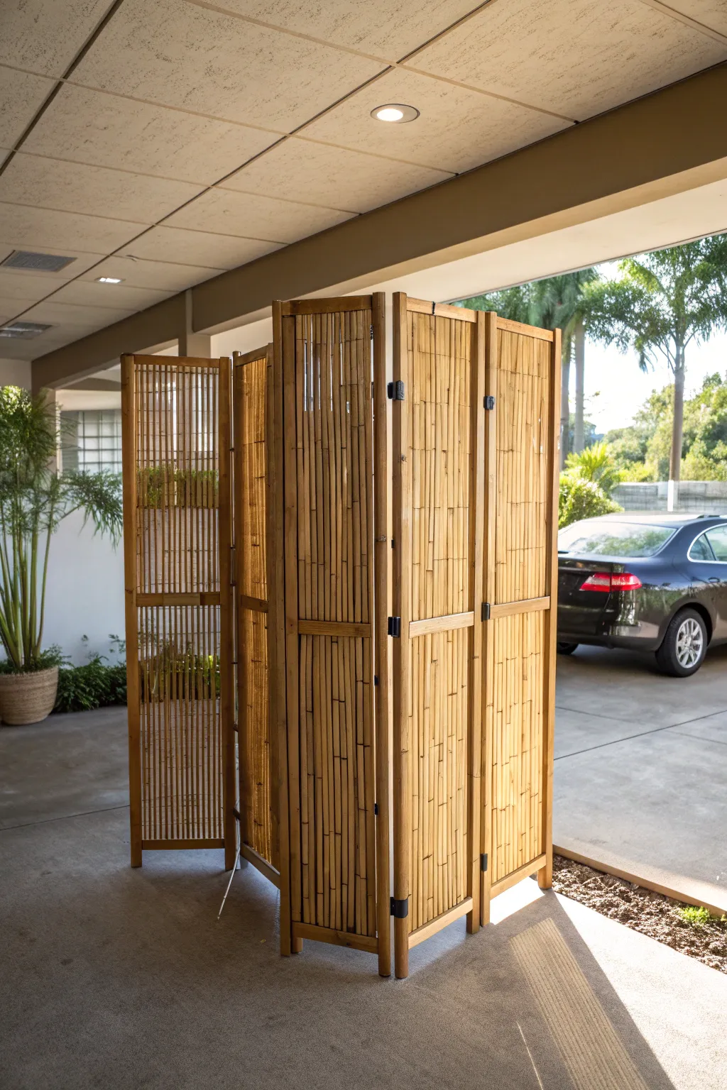 Transform your carport into a tranquil retreat with elegant bamboo screens.