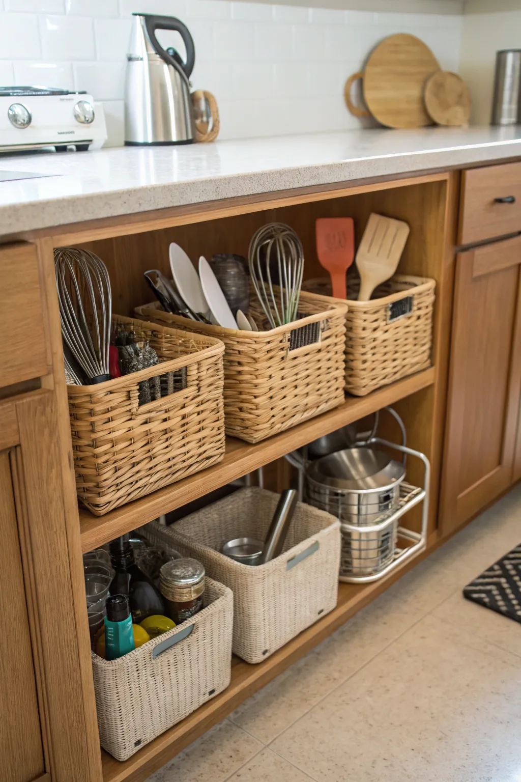 Under-shelf baskets maximize cabinet space.