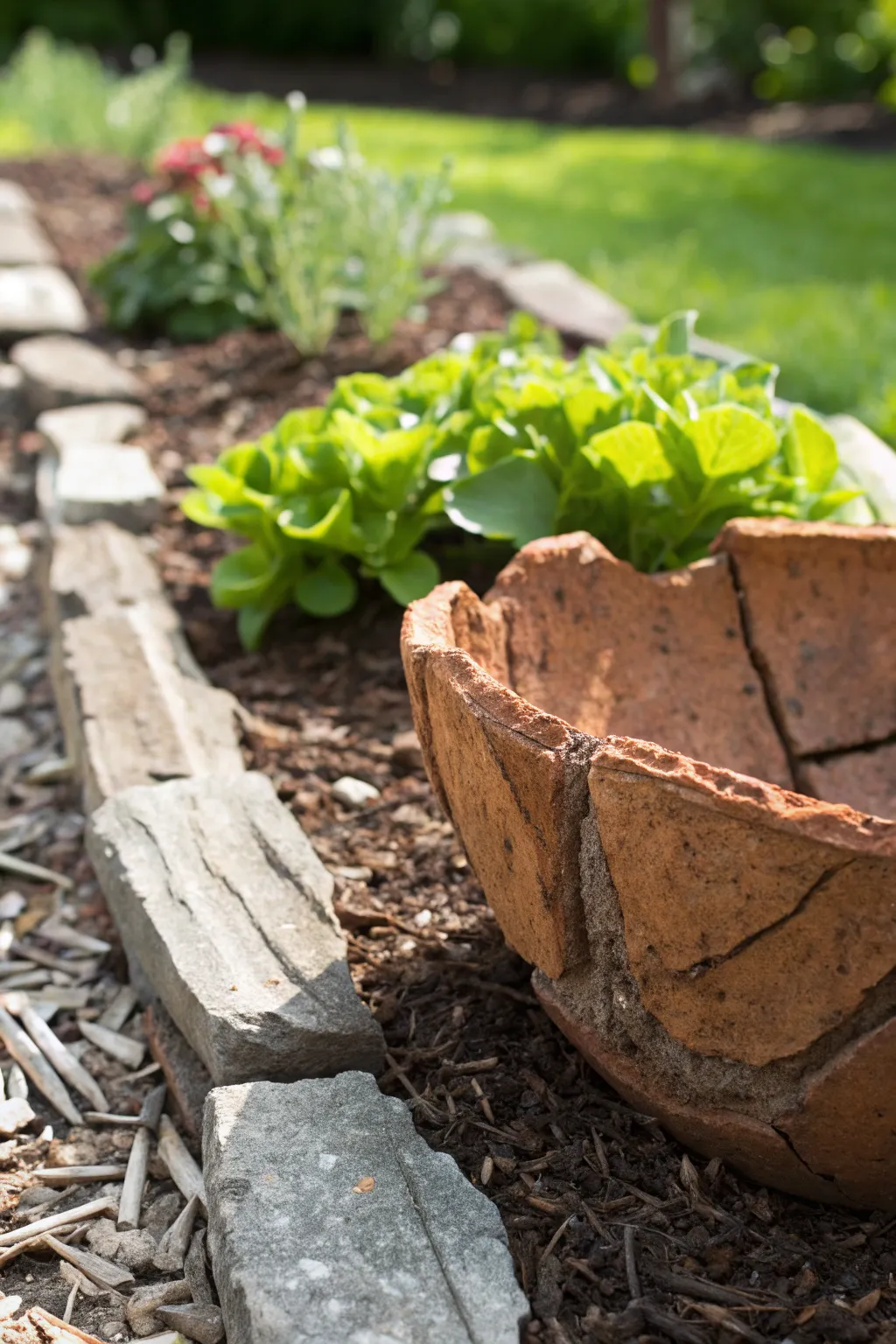 Transform your garden with rustic elegance: repurpose broken clay pots into beautiful, natural garden edging.