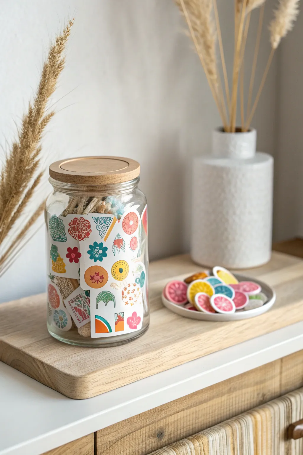 Transform old jars into delightful sticker holders for a whimsical touch to your decor.