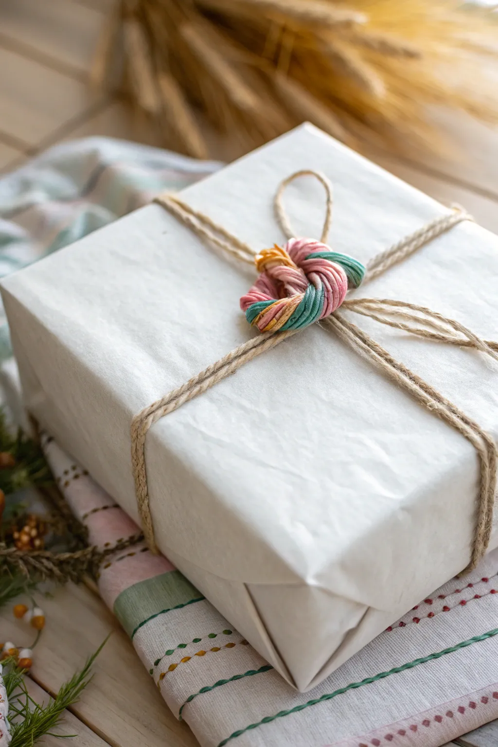 Add a playful twist to your gift wrapping with colorful ties for a modern minimalist touch!