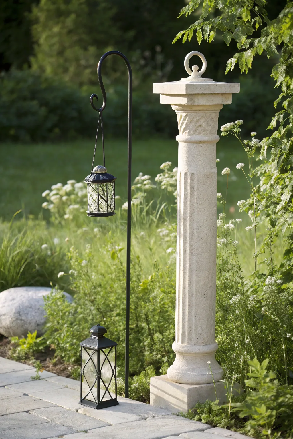 Elevate your garden's elegance with a chic shepherd's hook on a decorative column.