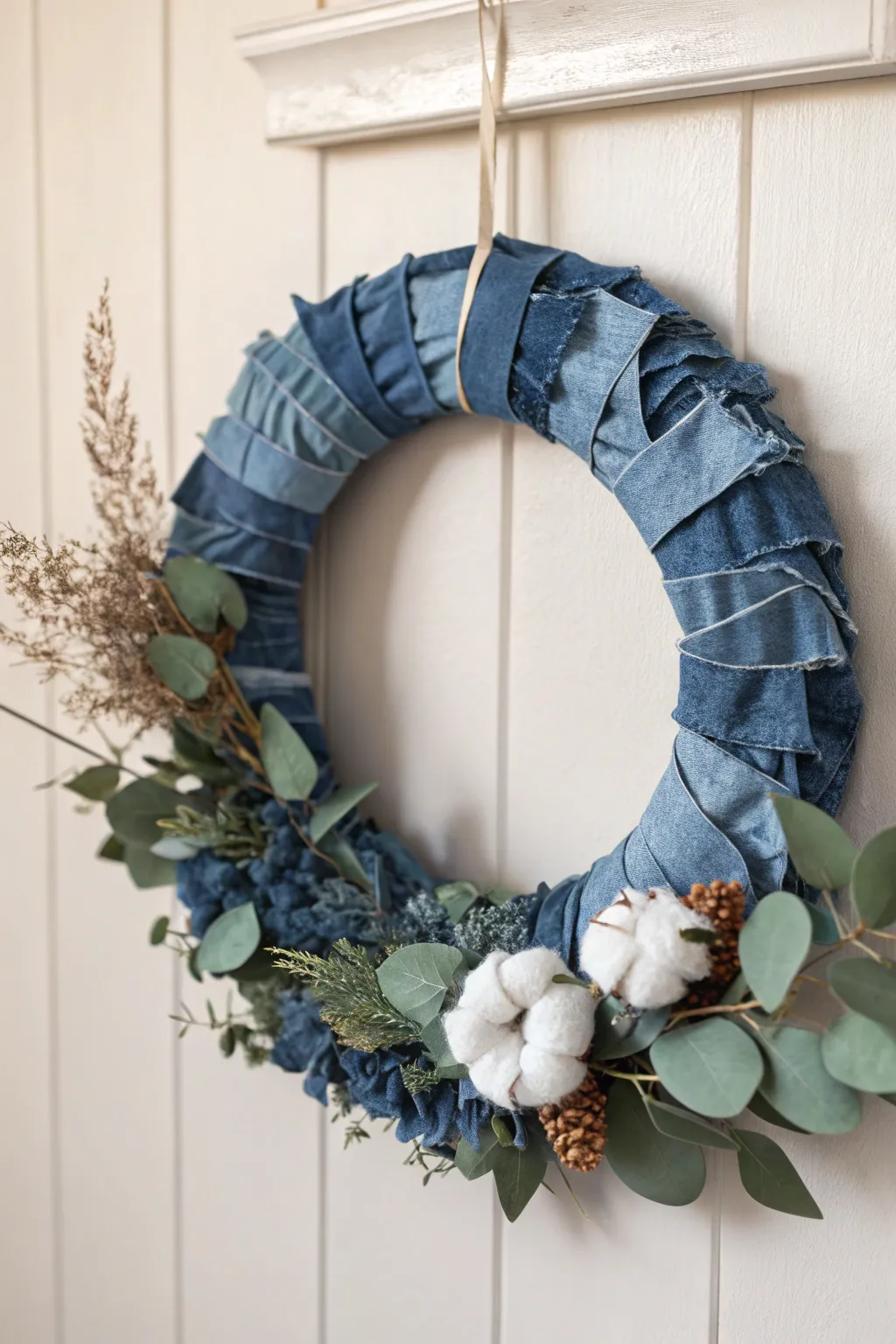 Elevate your entryway with the casual elegance of an upcycled denim wreath—where sustainability meets style.