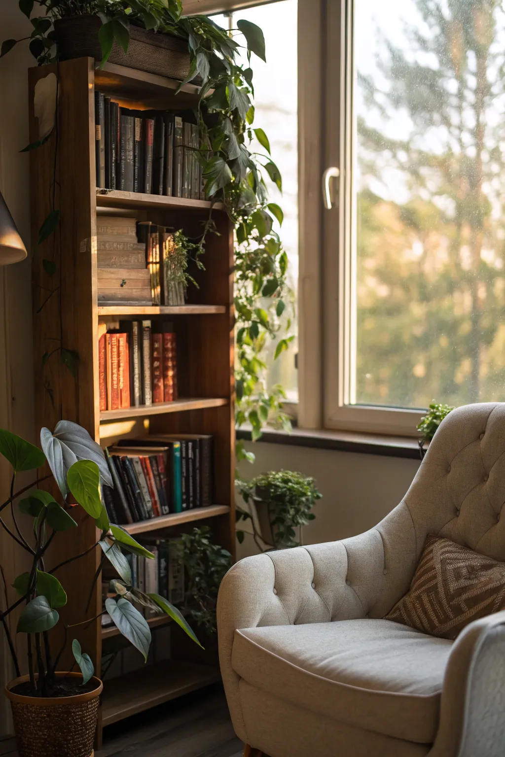 Blend books and plants for a vibrant and engaging bookcase display.