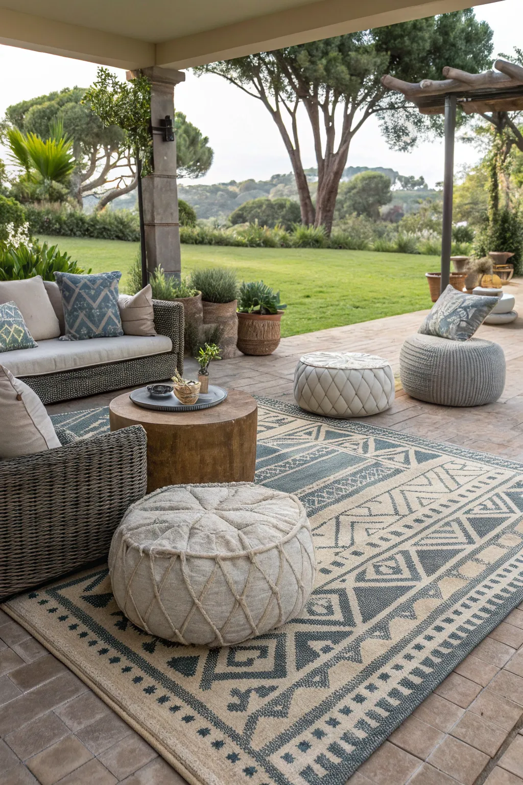 Indoor-outdoor rugs enhance style and comfort in exterior spaces.