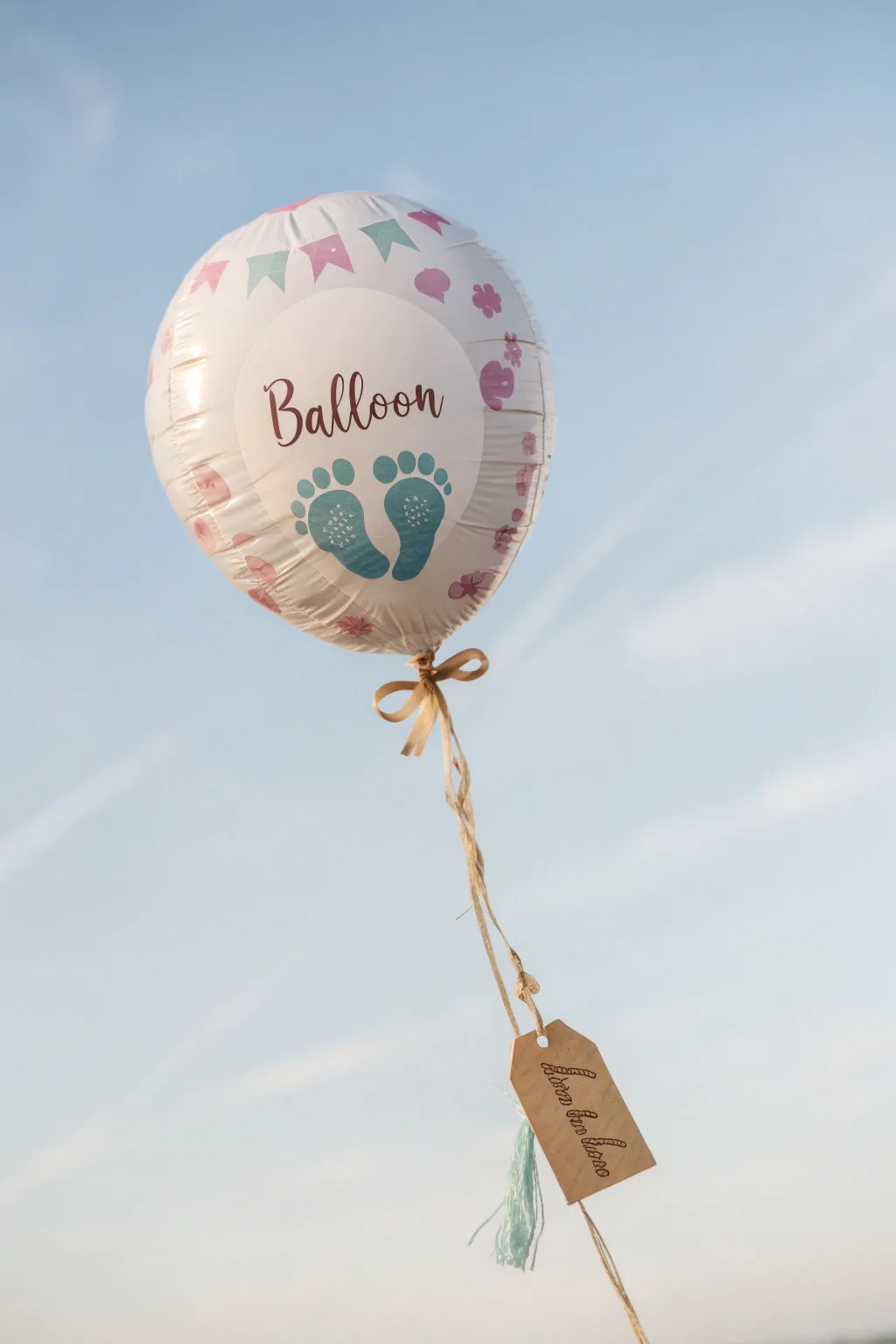 Capture the joy of new beginnings with a footprint balloon that dances in the sky, embodying simplicity and natural beauty.