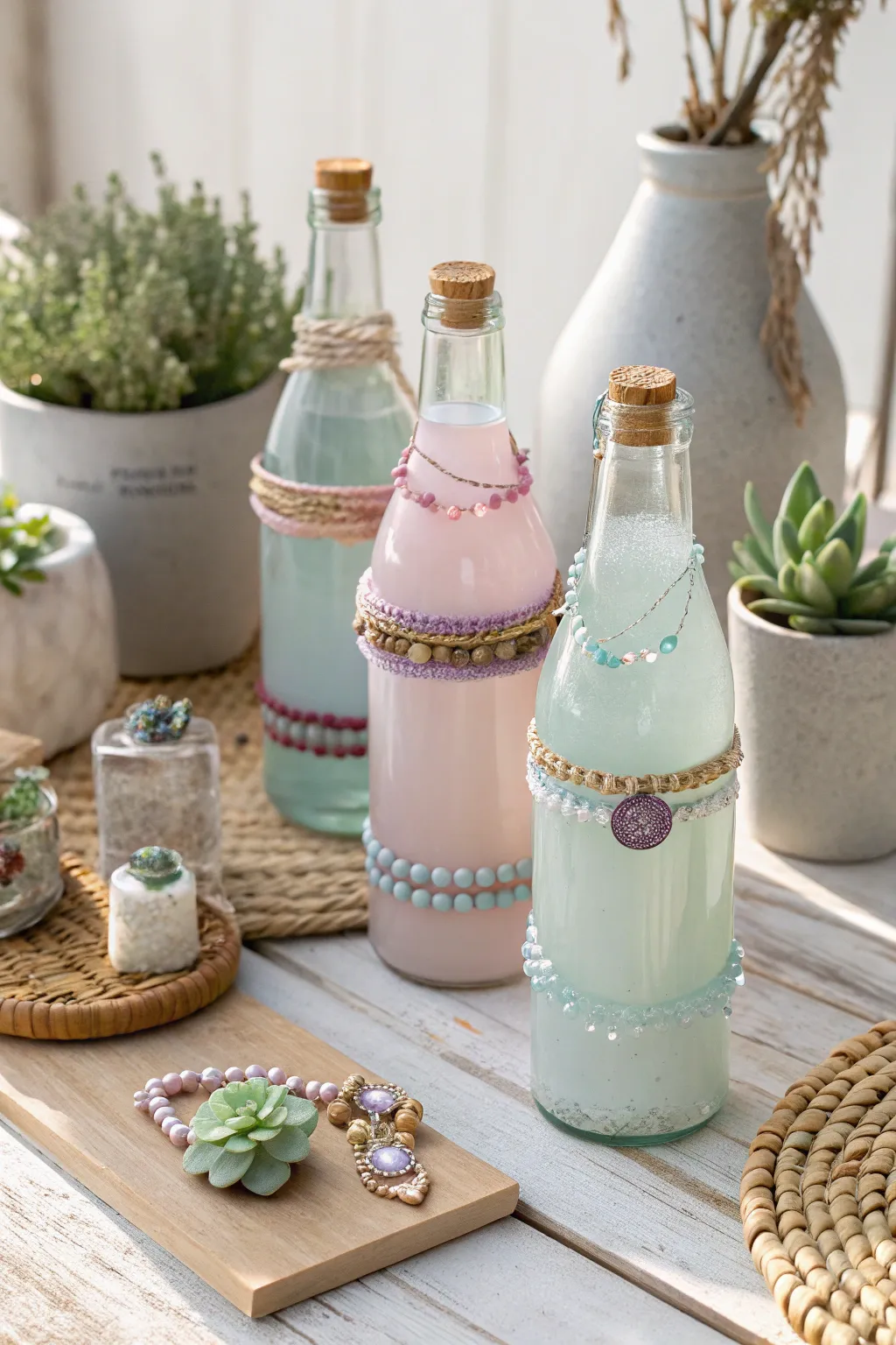 Transform old bottles into charming bracelet displays for a touch of eco-friendly elegance.
