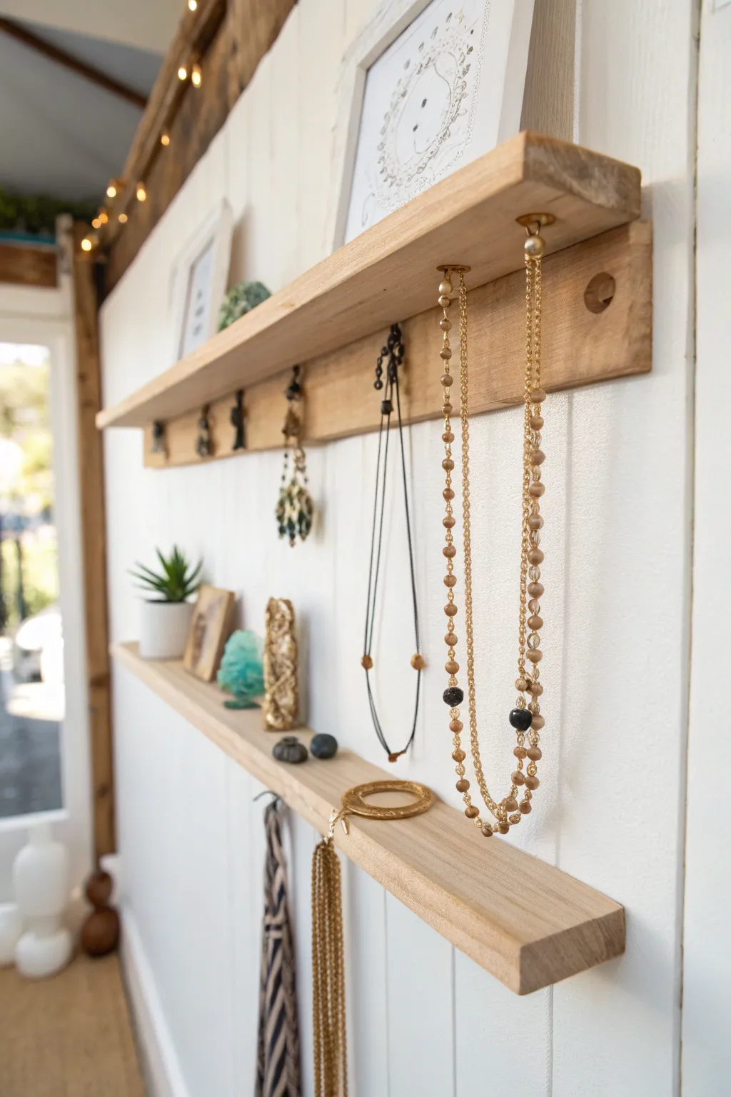 Elevate your craft show display with Scandinavian-inspired floating shelves that highlight the natural beauty of your jewelry.