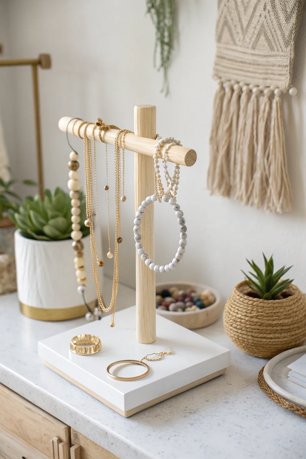 Effortless elegance: Keep your favorite pieces within reach with this minimalist jewelry stand.