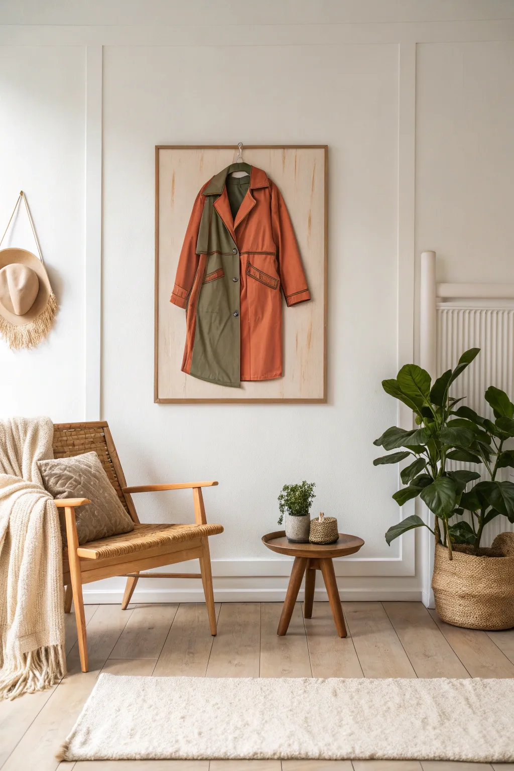 Breathe new life into old art with a vibrant coat design, blending Scandinavian simplicity with Boho charm. #UpcycledArt #MinimalistBeauty