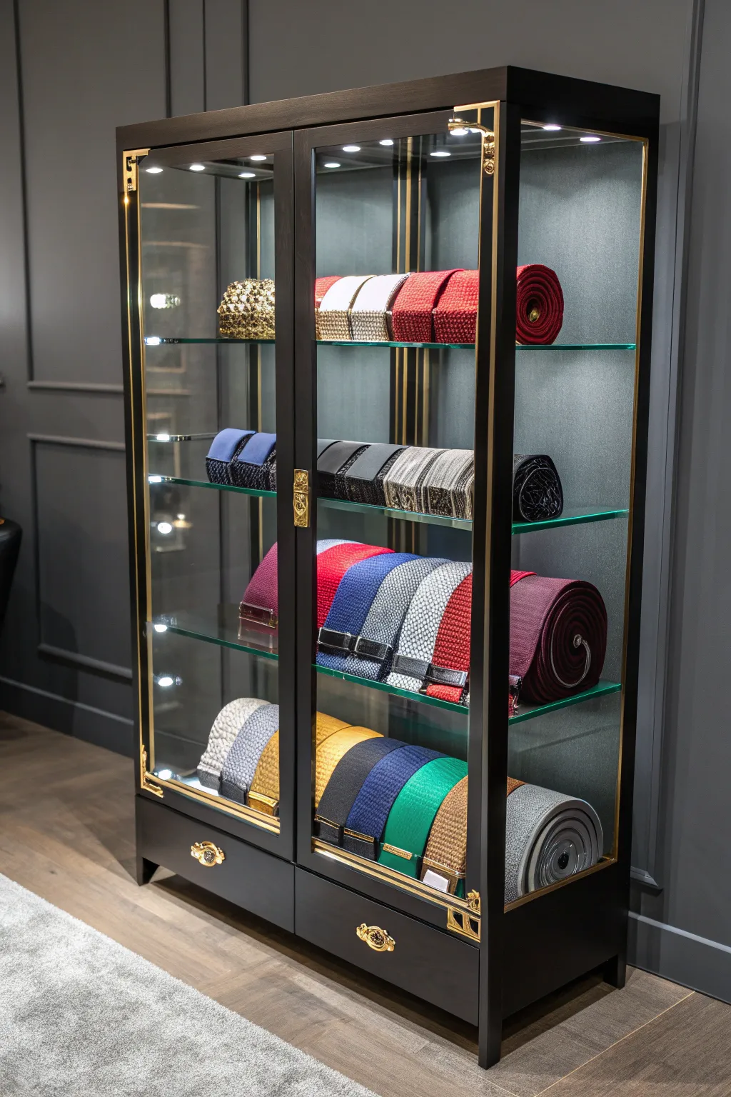Showcase your martial arts journey with elegance: a glass cabinet designed for proud display.