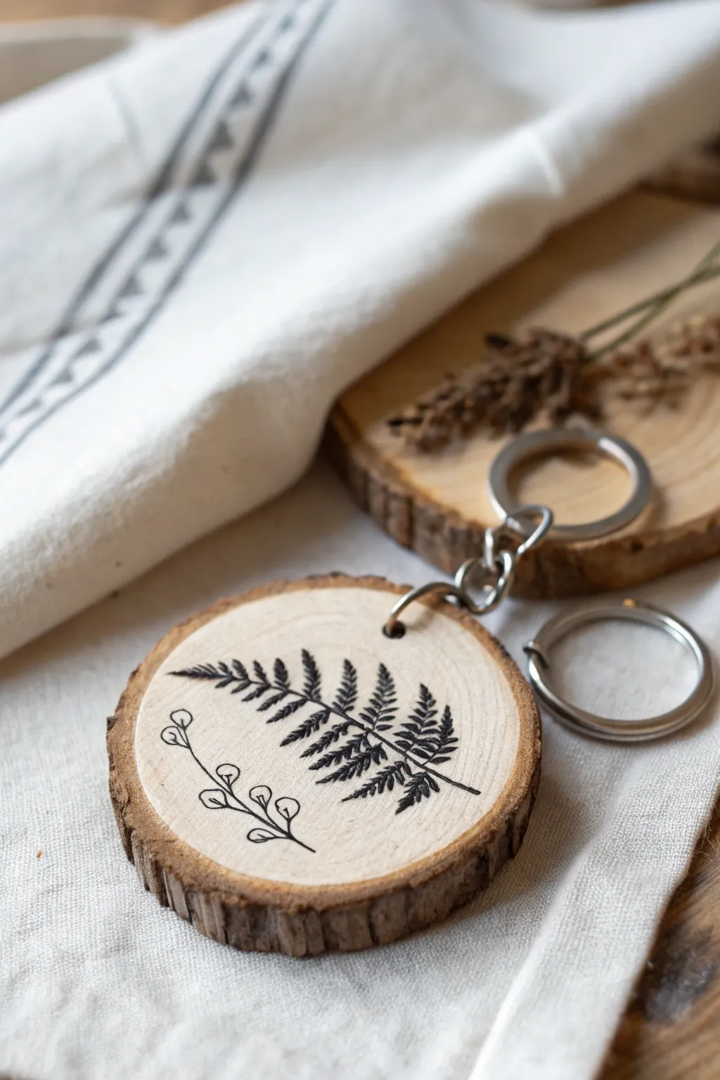 Embrace the charm of nature with this elegant wood slice keyring, perfect for adding a touch of rustic simplicity to your everyday essentials.