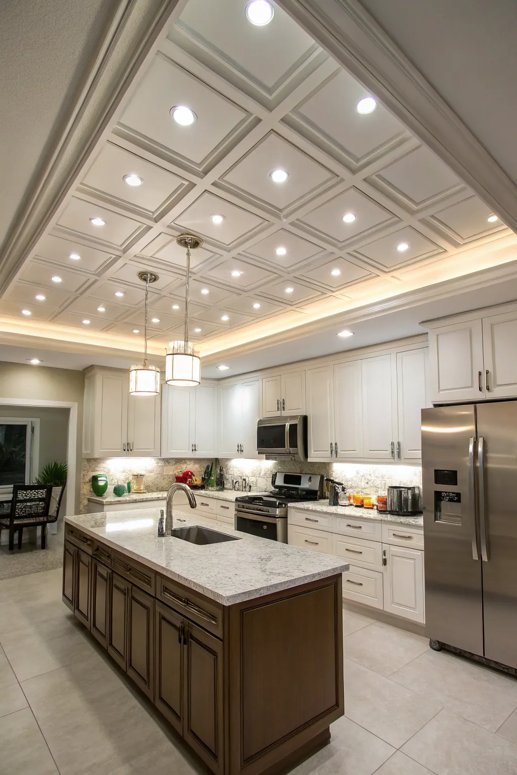 A bulkhead creating a drop ceiling effect, adding layers to the kitchen design.
