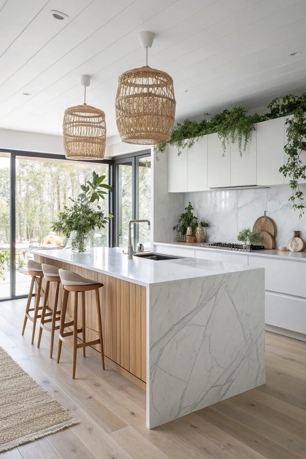 Embrace elegance with a minimalist kitchen island that appears to float effortlessly, showcasing the beauty of hidden support.