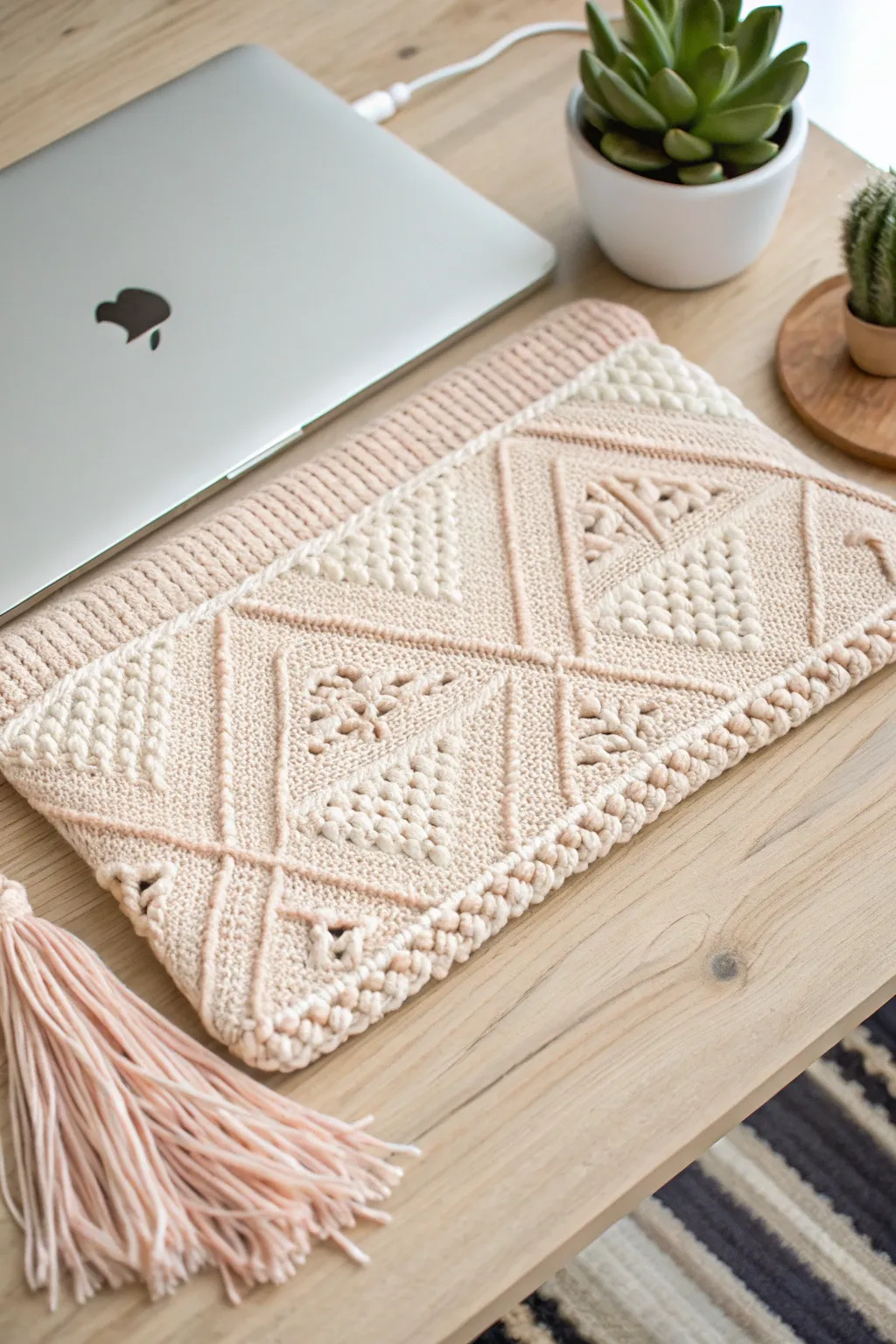 Elevate your tech style with a bespoke knit laptop sleeve, where Scandinavian simplicity meets boho charm.