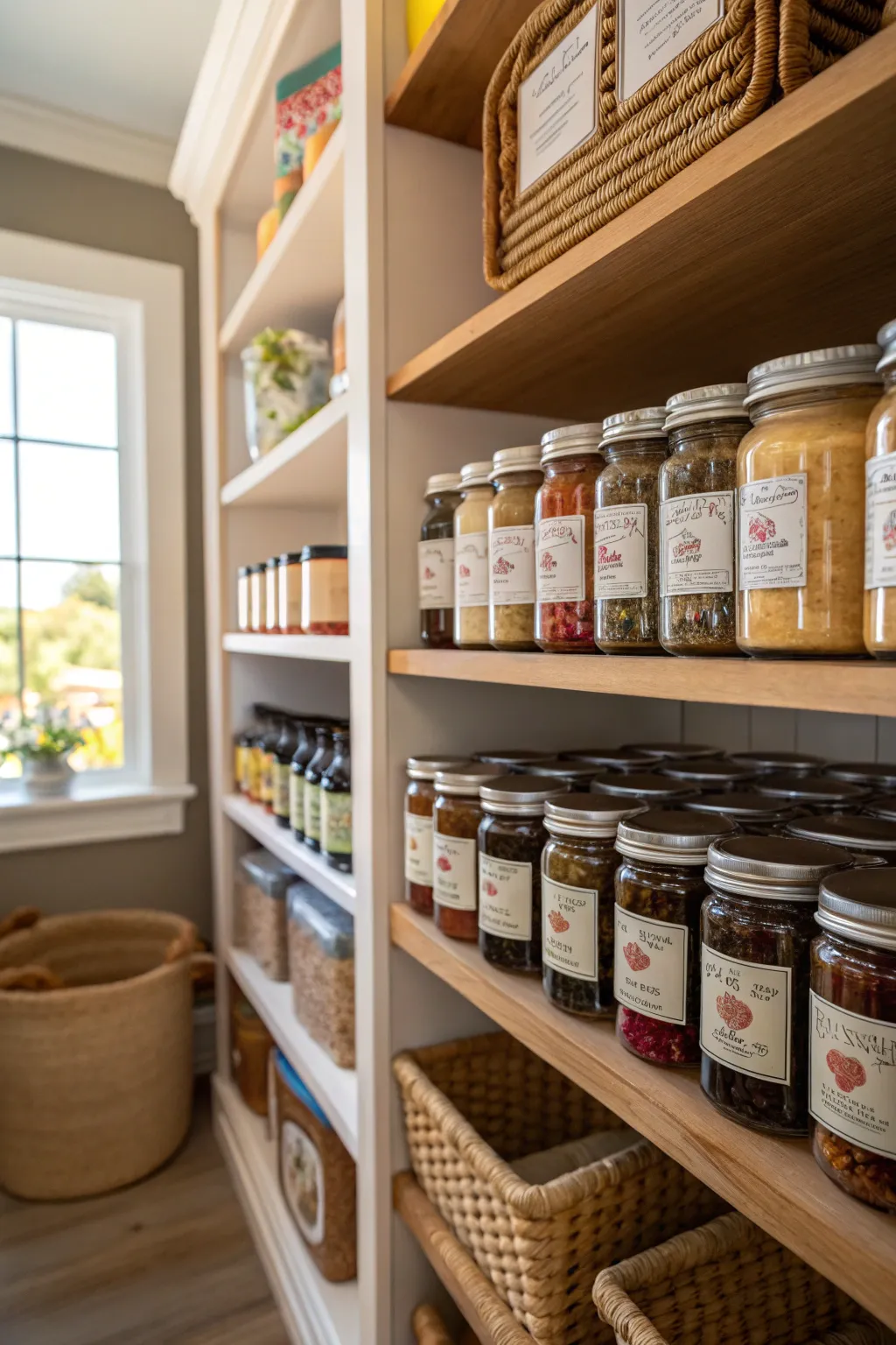 Decorative labels in an L-shaped pantry enhancing organization and style.