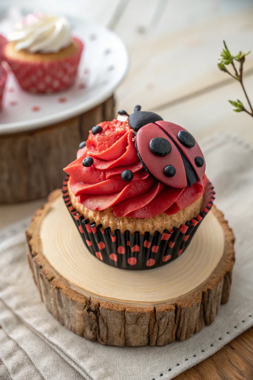 Discover the art of layered textures with this charming ladybug cupcake, where simplicity meets natural beauty.