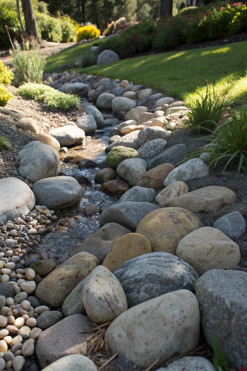 Transform your landscape with a beautifully crafted dry stream bed for visual interest and functional elegance.