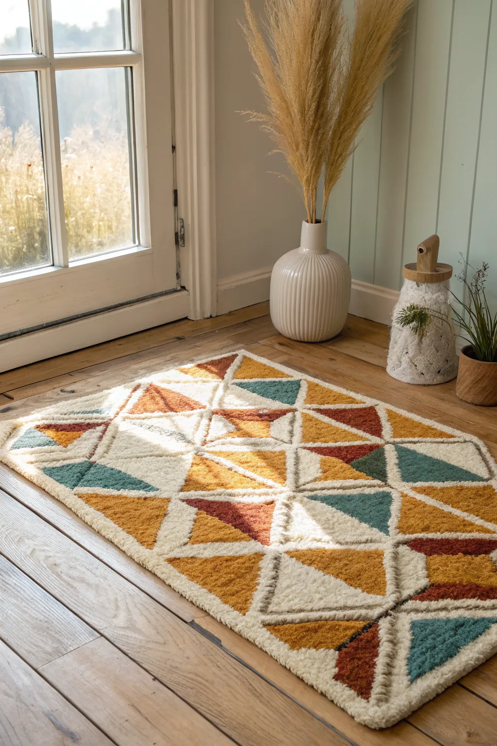 Embrace nostalgia with a retro latch hook rug that effortlessly blends vintage charm with modern minimalist décor.