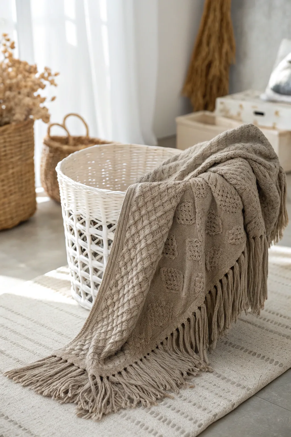 Wrap yourself in warmth and simplicity with this cozy throw blanket, the perfect addition to any gift basket.