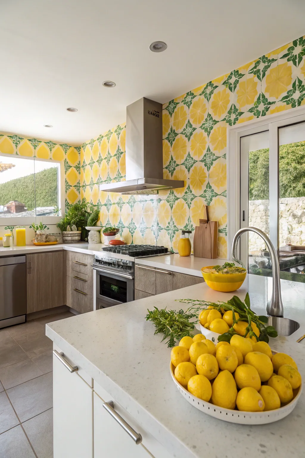 A lemon-themed backsplash spices up your kitchen decor.