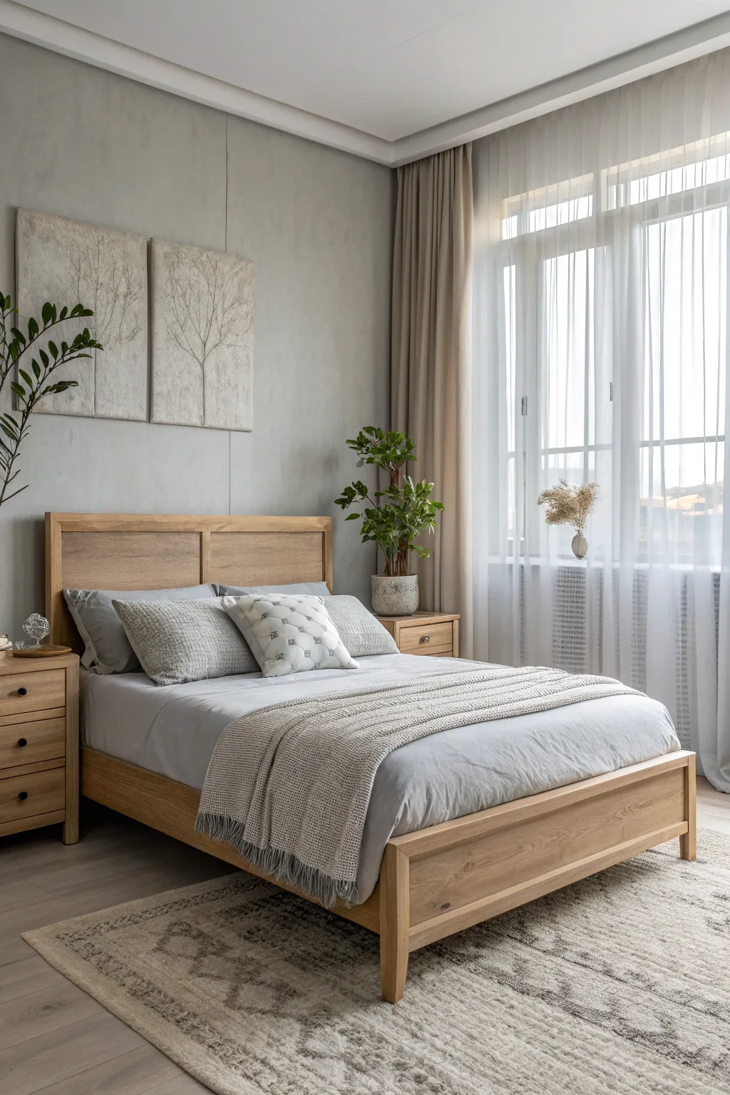 Natural materials bring earthy warmth to a serene gray space.