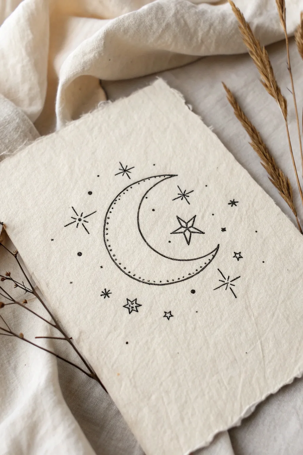 Capture the serene beauty of the night with this minimalist moon and stars line drawing, perfect for a dreamy and elegant touch to your space.