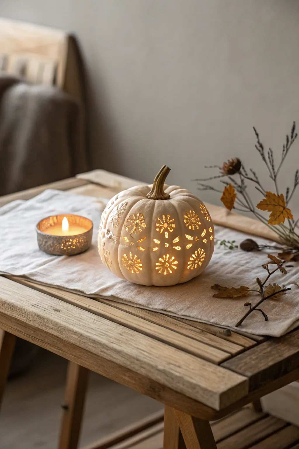 Illuminate your space with the natural elegance of a carved pumpkin lantern.