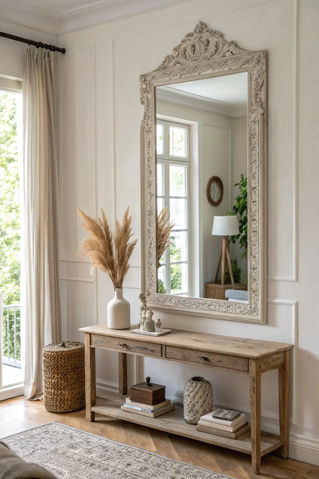 Reflect elegance and space with a statement antique mirror.